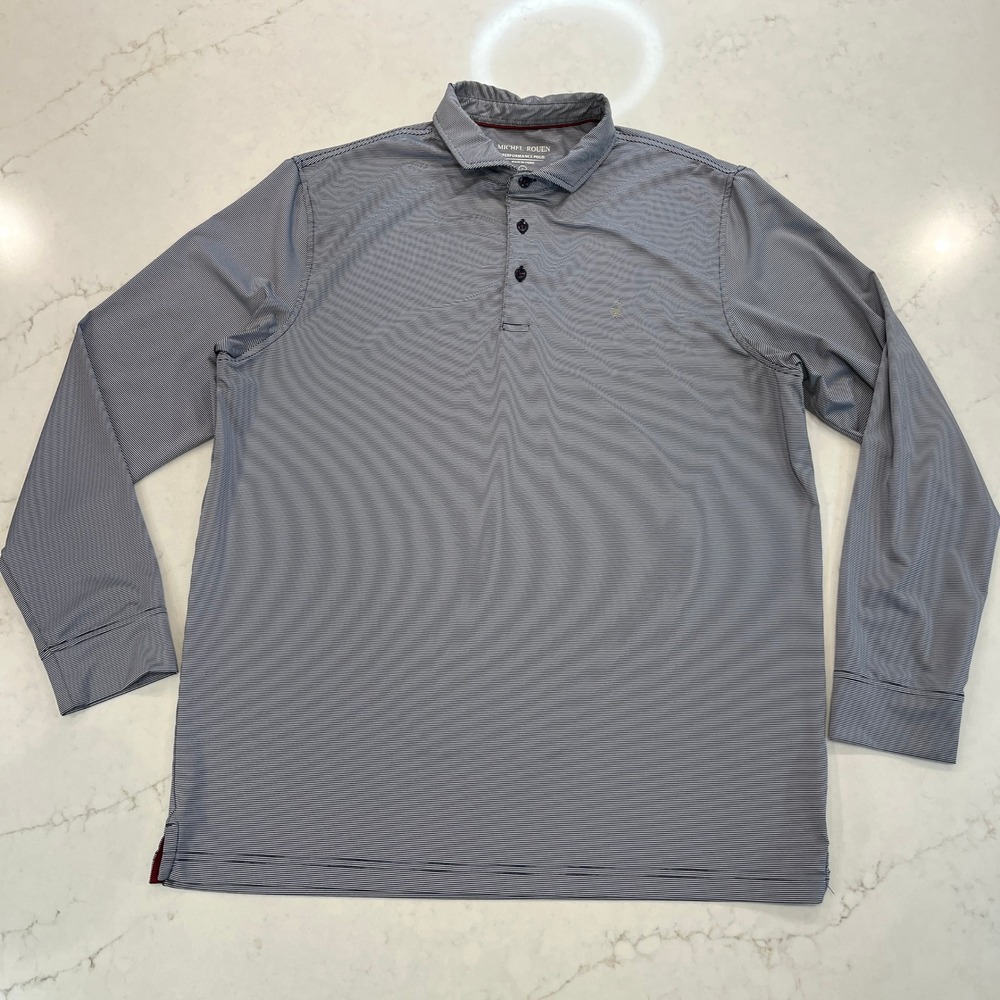 Michel Rouen Performance Polo Mens L Navy Blue Gray Striped Long Sleeve Stretch